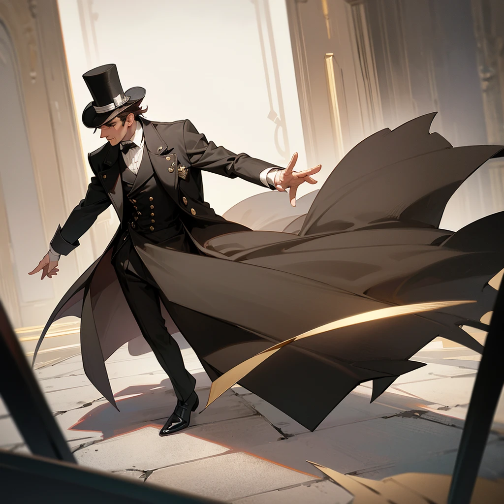 masterpiece, Highest quality, Realistic, 1 person, Mature Men, A quiet and attractive young man, Age 25, Close ~ eyes, Serious expression, Highly detailed face, ((Dark grey eyes)), ((Short dark brown hair swept to the right)), [Thick eyebrows], Thief, city, ((Wearing a classic overcoat and top hat)), Cinema Lighting, Looking at the audience, Postural dynamics,Side angle、((Full body view))