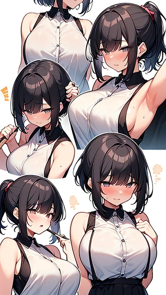 独奏  (Breasts being massaged:1.9. Stick out your lips) ,BREAK,(White collared sleeveless shirt, tall woman, black hair, short hair, ponytail:1.9 Sweeping bangs to the side Beauty Cute Boobs Sweat Excitement Blushing),Man&#39;s hand bra