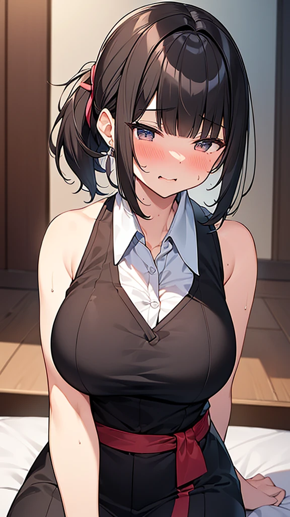 独奏  (Breasts being massaged:1.9. Stick out your lips) ,BREAK,(White collared sleeveless shirt, tall woman, black hair, short hair, ponytail:1.9 Sweeping bangs to the side Beauty Cute Boobs Sweat Excitement Blushing),Man&#39;s hand bra