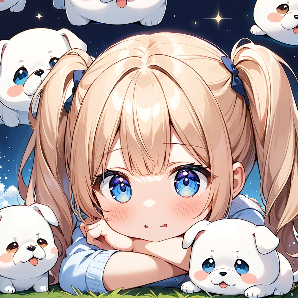 Highest quality、High resolution、Detailed Background、Beautiful face in every detail、Anatomically correct、Detailed facial expressions、fine grain、((full body, from below, side view)), ((One Girl))、Chibi Girl、Cute hair color、Big beautiful blue eyes、Braided twin tails、Elementary school, (Tank top、Vneck、mini skirt、Cute Shoes)、break grassland、((Lying face down、Rest your chin on your hands and bend your knees))、((A giant white puppy))、((Meeting a dog))、Poke with your finger、I'm a little scared、I have a lot of tears in my eyes、An expression that looks like it's about to cry、Close up hands、