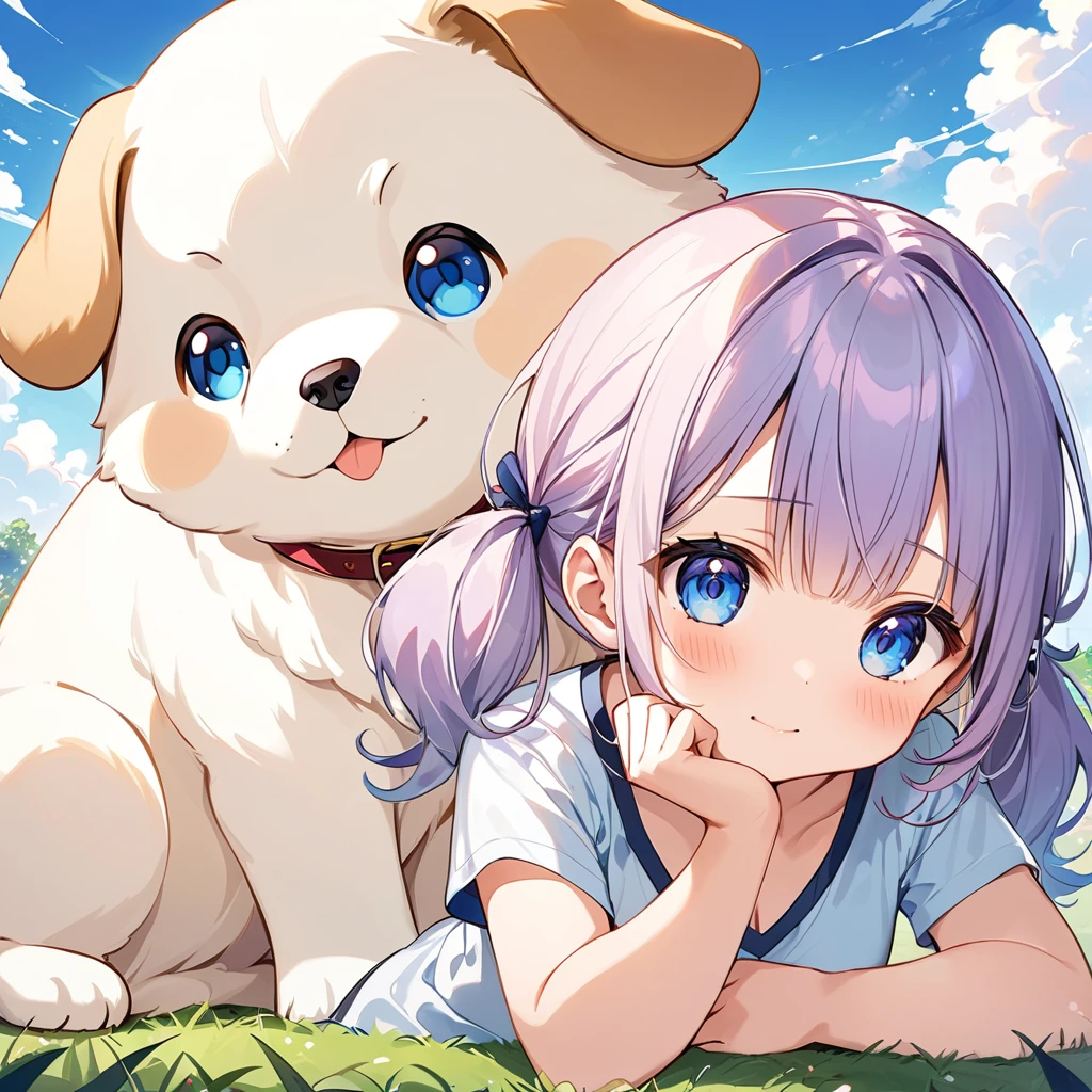 Highest quality、High resolution、Detailed Background、Beautiful face in every detail、Anatomically correct、Detailed facial expressions、fine grain、((full body, from below, side view)), ((One Girl))、Chibi Girl、Cute hair color、Big beautiful blue eyes、Braided twin tails、Elementary school, (Tank top、Vneck、mini skirt、Cute Shoes)、break grassland、((Lying face down、Rest your chin on your hands and bend your knees))、((A giant white puppy))、((Meeting a dog))、Poke with your finger、I'm a little scared、I have a lot of tears in my eyes、An expression that looks like it's about to cry、Close up hands、
