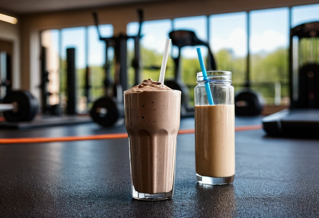 a picture of a protein shake on floor, gym in the background like in a commercial, gym out of focus
