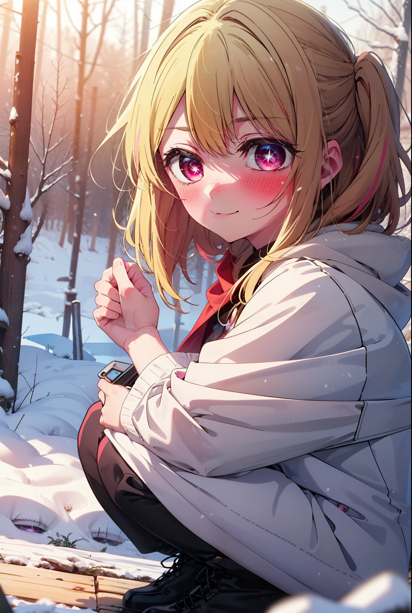 rubyhoshino, Hoshino Ruby, Long Hair, bangs, blonde, (Pink Eyes:1.3), Side Lock, (Symbol-shaped pupil:1.5), Multicolored Hair, Two-tone hair, smile,,smile,blush,white breath,
Open your mouth,snow,Ground bonfire, Outdoor, boots, snowing, From the side, wood, suitcase, Cape, Blurred, , forest, White handbag, nature,  Squat, Mouth closed, Cape, winter, Written boundary depth, Black shoes, red Cape break looking at viewer, Upper Body, whole body, break Outdoor, forest, nature, break (masterpiece:1.2), Highest quality, High resolution, unity 8k wallpaper, (shape:0.8), (Beautiful and beautiful eyes:1.6), Highly detailed face, Perfect lighting, Highly detailed CG, (Perfect hands, Perfect Anatomy),