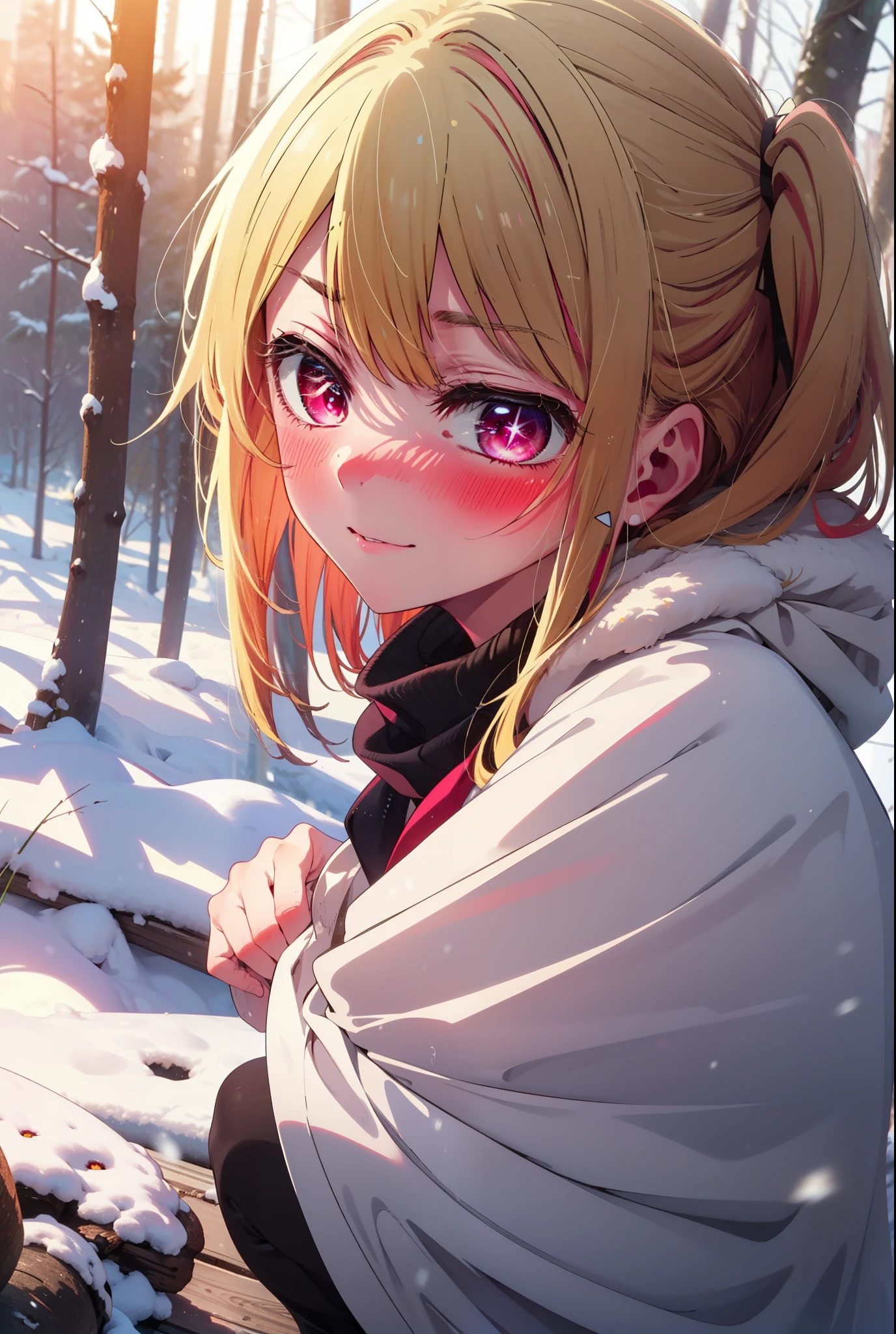 rubyhoshino, Hoshino Ruby, Long Hair, bangs, blonde, (Pink Eyes:1.3), Side Lock, (Symbol-shaped pupil:1.5), Multicolored Hair, Two-tone hair, smile,,smile,blush,white breath,
Open your mouth,snow,Ground bonfire, Outdoor, boots, snowing, From the side, wood, suitcase, Cape, Blurred, , forest, White handbag, nature, Squat, Mouth closed, Cape, winter, Written boundary depth, Black shoes, red Cape break looking at viewer, Upper Body, whole body, break Outdoor, forest, nature, break (masterpiece:1.2), Highest quality, High resolution, unity 8k wallpaper, (shape:0.8), (Beautiful and beautiful eyes:1.6), Highly detailed face, Perfect lighting, Highly detailed CG, (Perfect hands, Perfect Anatomy),