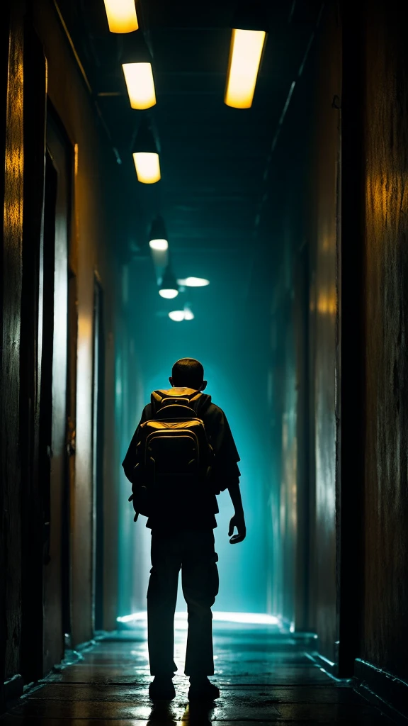 A long, dimly lit hallway in a college, with old, fading posters on the walls and flickering lights casting eerie shadows. A young boy, Alex, stands alone with his backpack slung over one shoulder, looking around nervously."