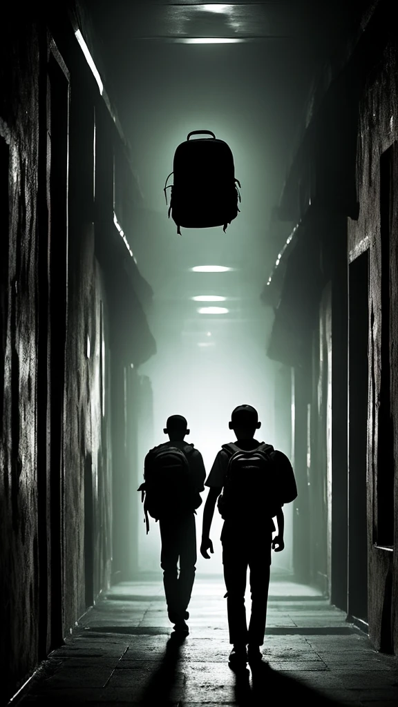 A long, dimly lit hallway in a college, with old, fading posters on the walls and flickering lights casting eerie shadows. A young boy, Alex, stands alone with his backpack slung over one shoulder, looking around nervously."