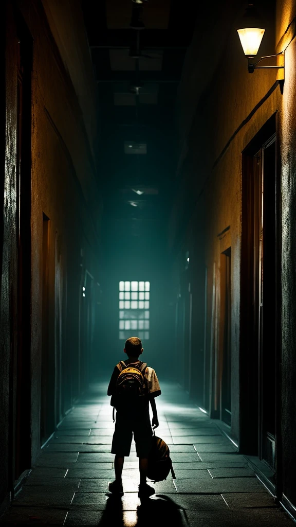 A long, dimly lit hallway in a college, with old, fading posters on the walls and flickering lights casting eerie shadows. A young boy, Alex, stands alone with his backpack slung over one shoulder, looking around nervously."