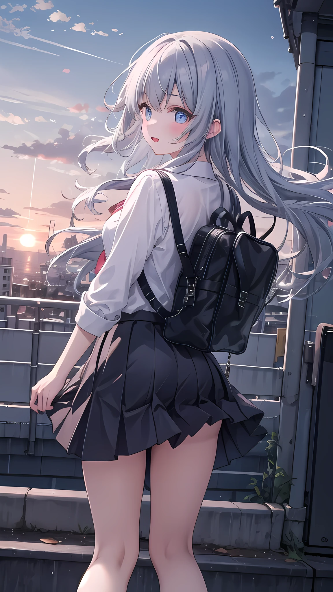 (8k, best quality, master piece: 1.2),super high resolution,1 girl, solo, colorshift eyes, hyperdetailed, expressive eyes, ultra-detailed face,,random hair, random color, Ecstatic expression,  Back view, In the School Rooftop、A girl standing with the sunset in the background。Hair swaying in the wind、、A bag swinging on your back、Knee-length skirt。