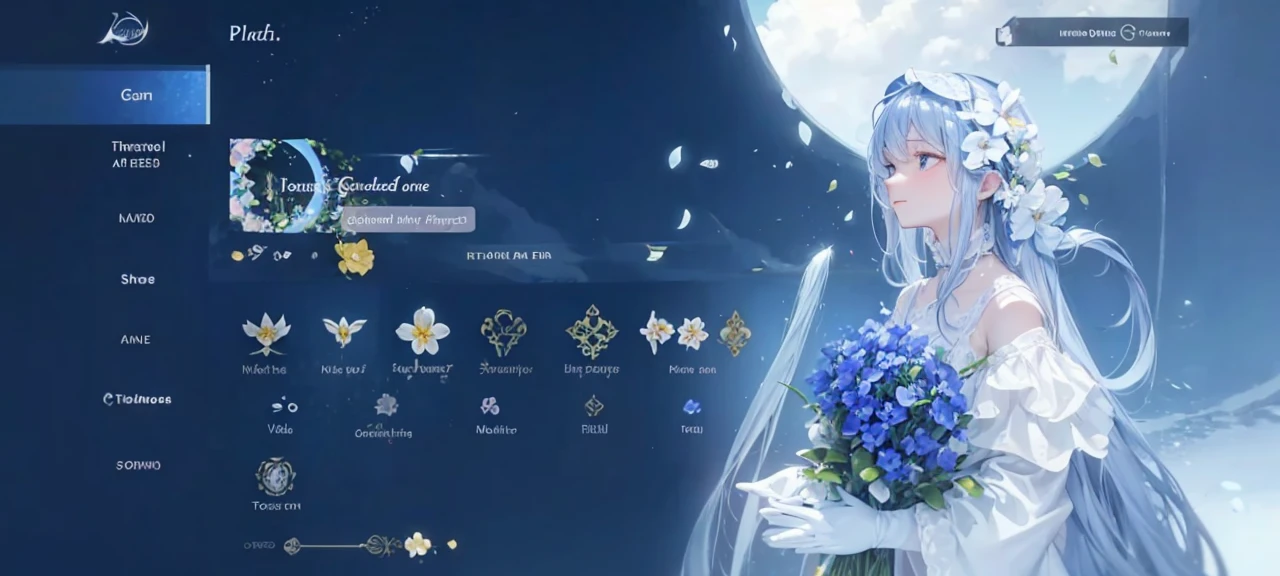 In a fragrant garden, the blind woman is standing with her arms outstretched, gently touching the petals of the flowers she encounters, connecting with nature and the sweet blue flowers.