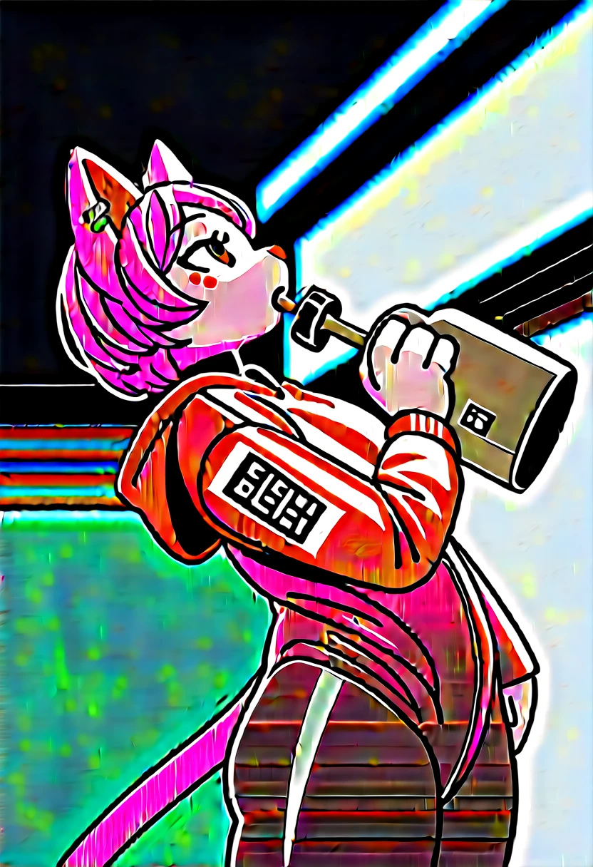 Highest quality, Highest quality, High quality illustrations, masterpiece, Ultra-high resolution, Detailed Background, room, Absurd, Perfect Anatomy, performance, Good lighting, Shadows in the movies(kemono, Furry PersonifiCation), Cat, Rubber Suit, latex, neon, neonライト, neonカラー, Bodysuits, Cyber Suit, cyber punk, Pink Rubber Hoodie, Drinking canned coffee, Earrings, Tattoo, Dynamic Angle