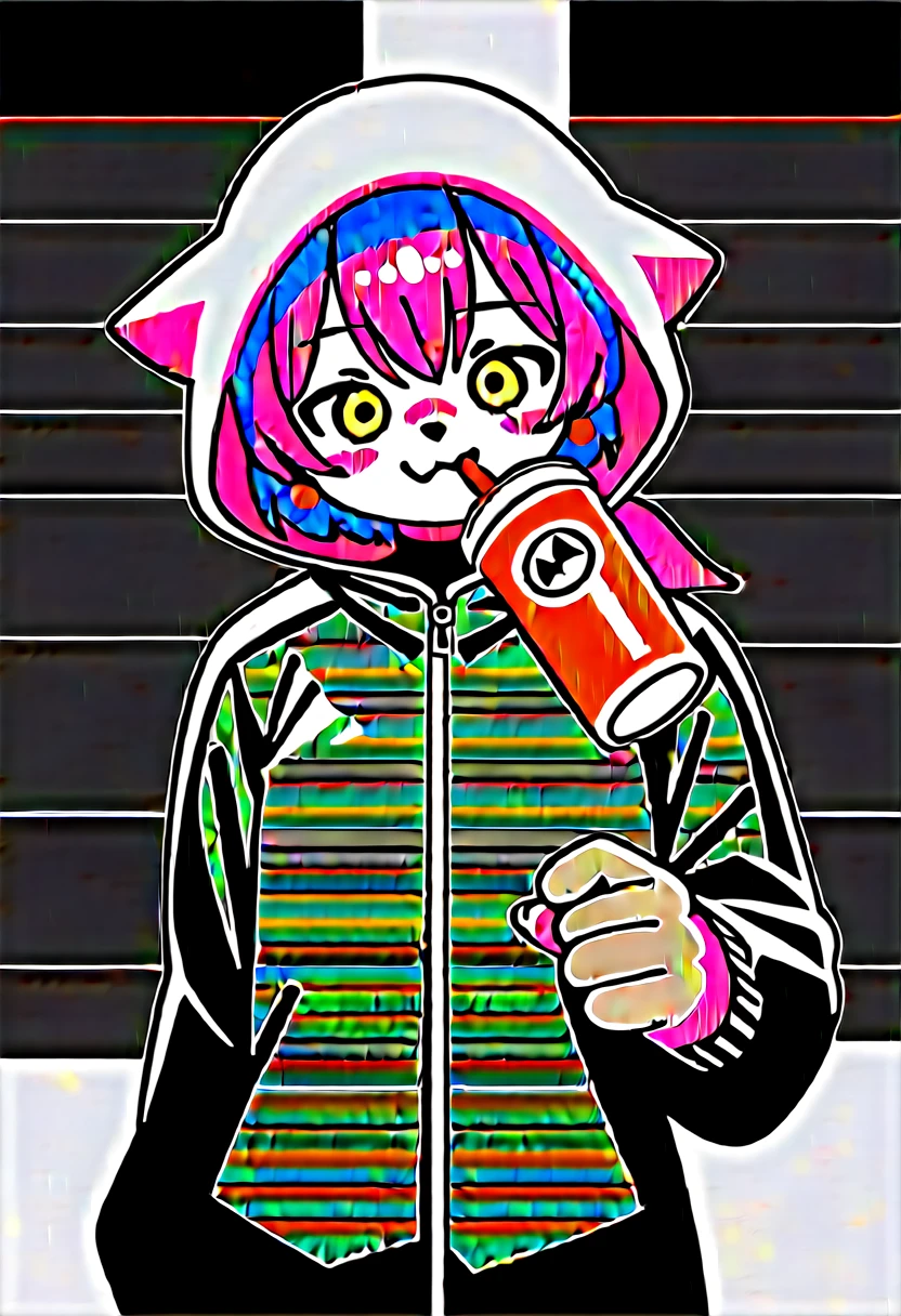 Highest quality, Highest quality, High quality illustrations, masterpiece, Ultra-high resolution, Detailed Background, room, Absurd, Perfect Anatomy, performance, Good lighting, Shadows in the movies(kemono, Furry PersonifiCation), Cat, Rubber Suit, latex, neon, neonライト, neonカラー, Bodysuits, Cyber Suit, cyber punk, Pink Rubber Hoodie, Drinking canned coffee, Earrings, Tattoo, Dynamic Angle