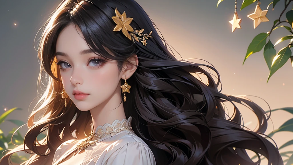 (Highest quality,8k,CG),Upper body details,Lonely Girl,Floral forest background,Complex facial features,Elegant long curly hair,large almond-shaped eyes,,Detailed eye makeup,Long eyelashes,Twinkling Star,Exquisite lip detail,Soft and harmonious style.