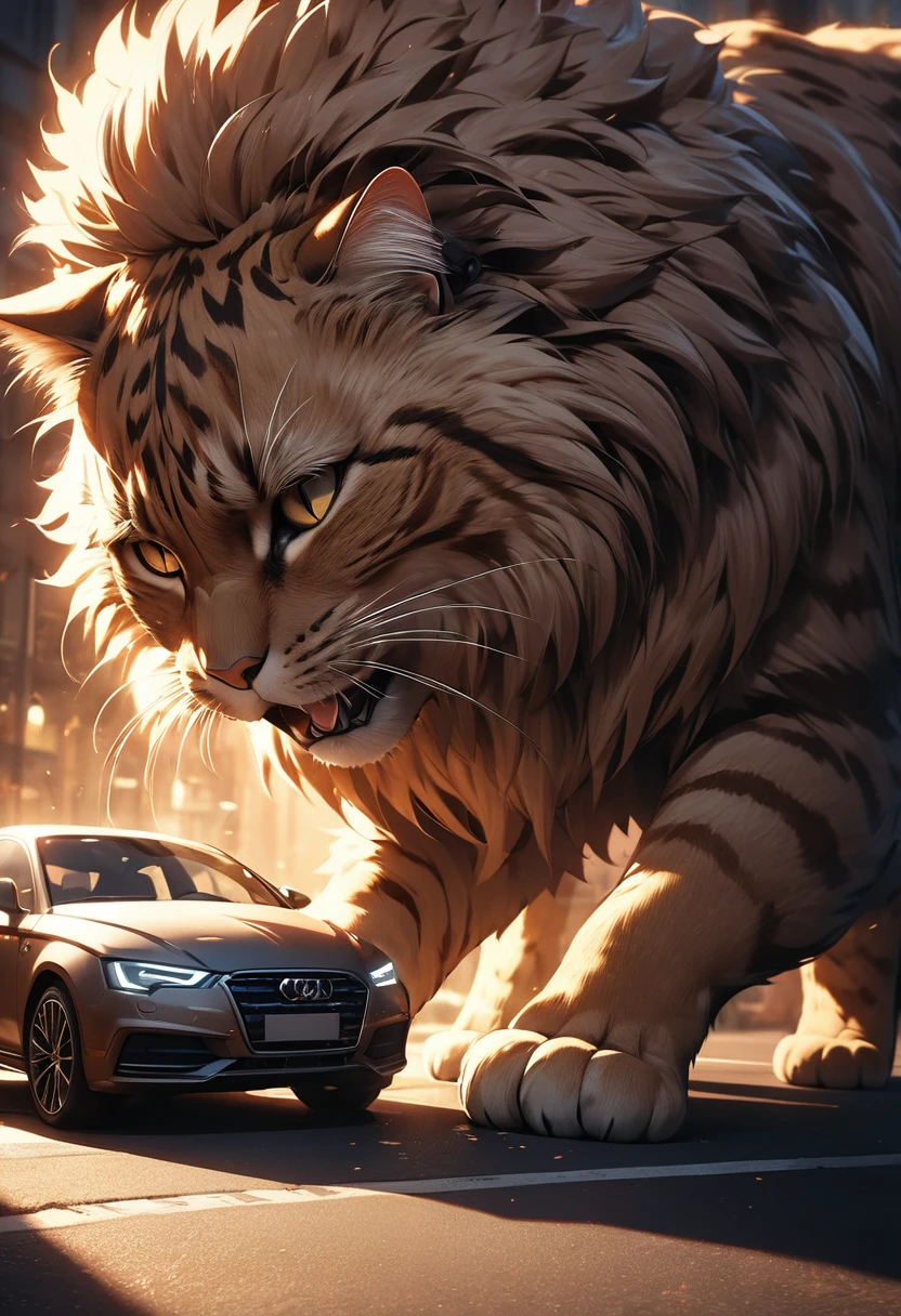A giant cat punches a car, and a giant cat is more interested in cars smaller than its own body,  (best quality, 4k, 8k , High Resolution, Masterpiece): 1.2, Super Detailed, Detailed fur textures, soft lighting, warm tones, dramatic chiaroscuro lighting, cinematic composition, 