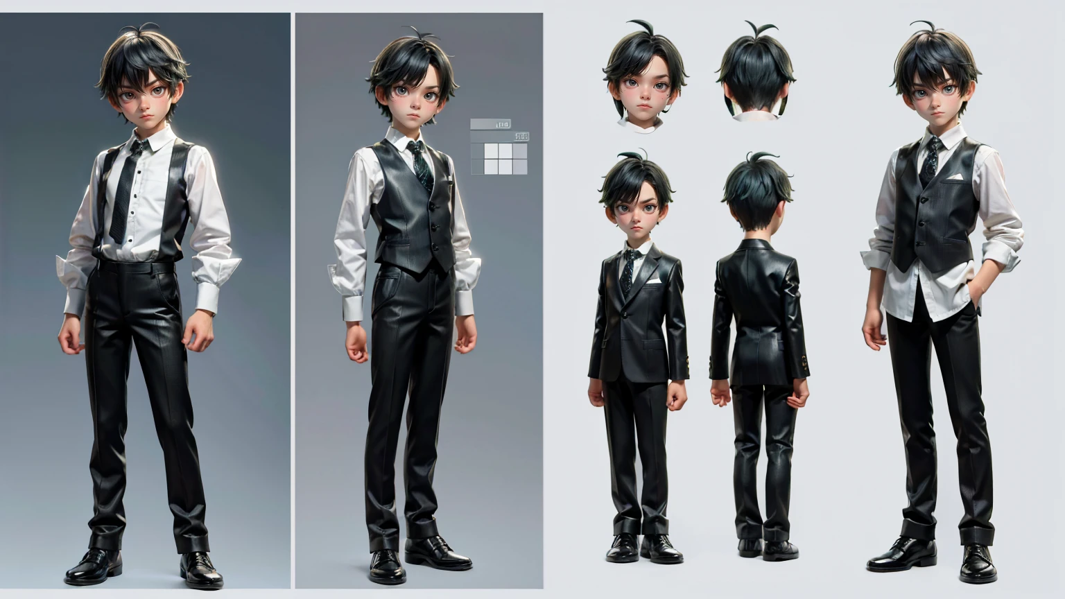 cute face boy, cute face, short height boy, wearing black and white pent and shirt, full standing pose, green hairs, Character Sheet, 12 yo student, Full body, Simple white background, front pose character reference sheet, Concept art, design sheet