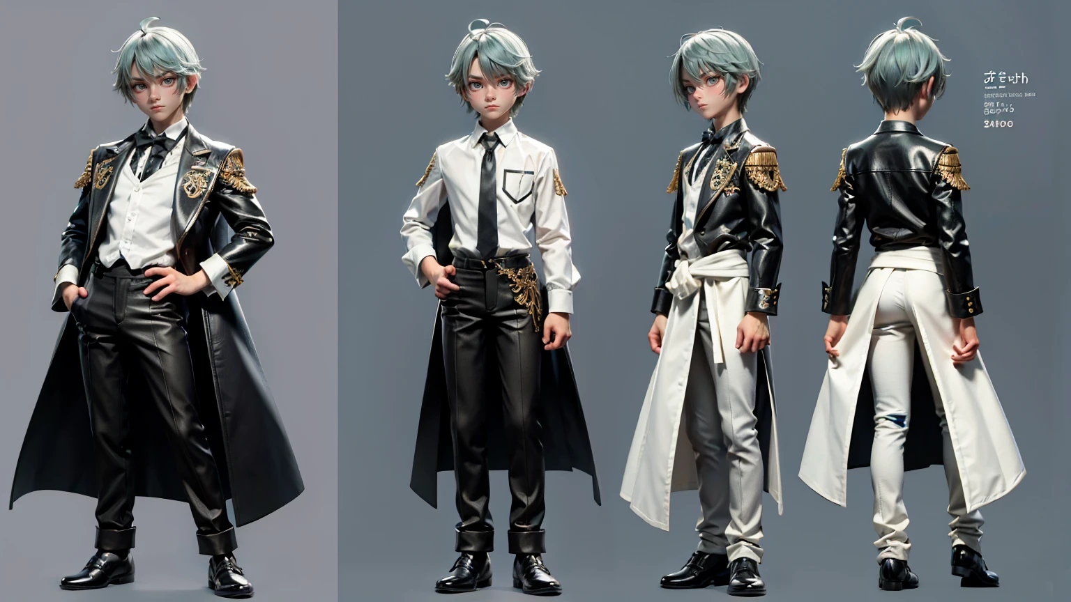 cute face boy, cute face, short height boy, wearing black and white  pent and shirt, full standing pose, green  hairs, Character Sheet, 12 yo student, Full body, Simple white background, front pose character reference sheet, Concept art, design sheet