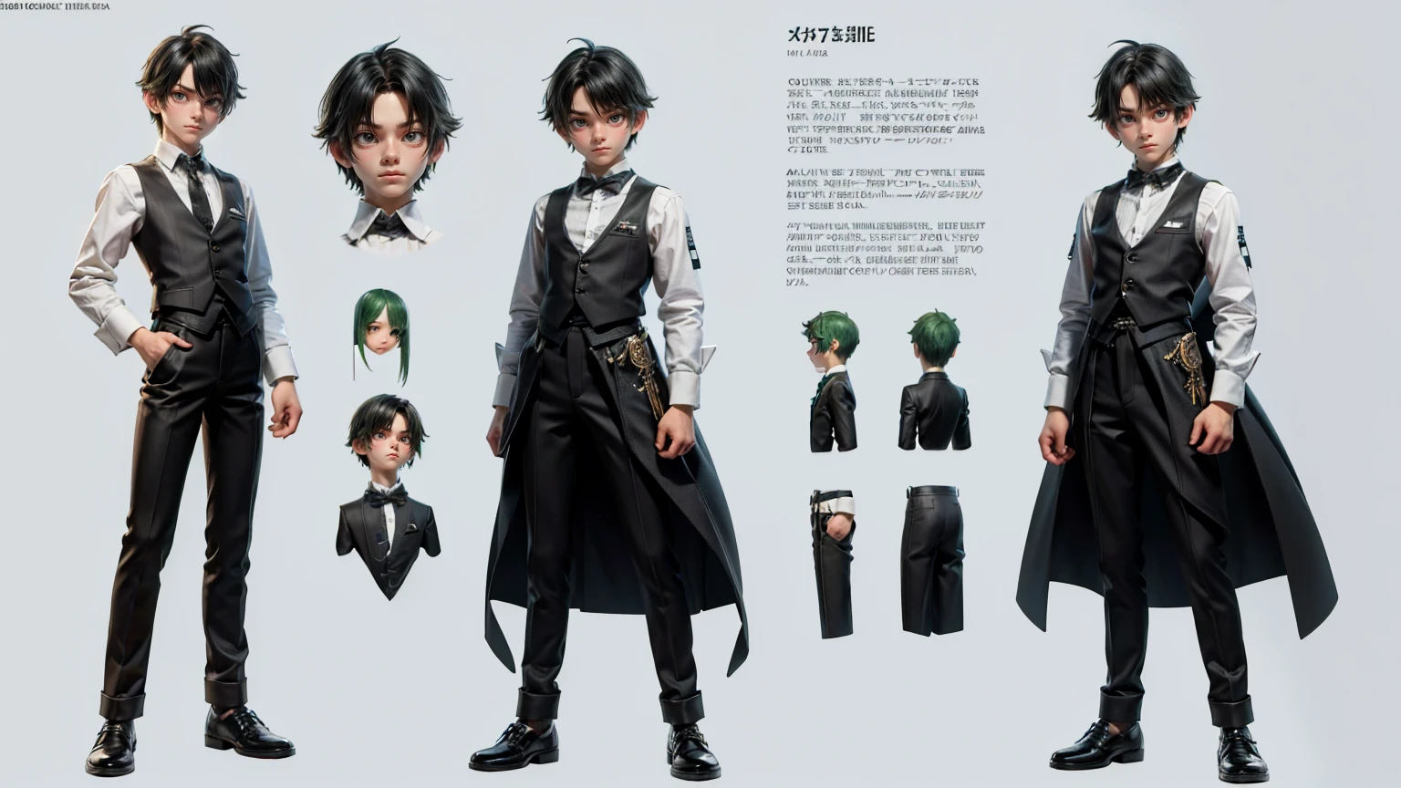 cute face boy, cute face, short height boy, wearing black and white pent and shirt, full standing pose, green hairs, Character Sheet, 12 yo student, Full body, Simple white background, front pose character reference sheet, Concept art, design sheet