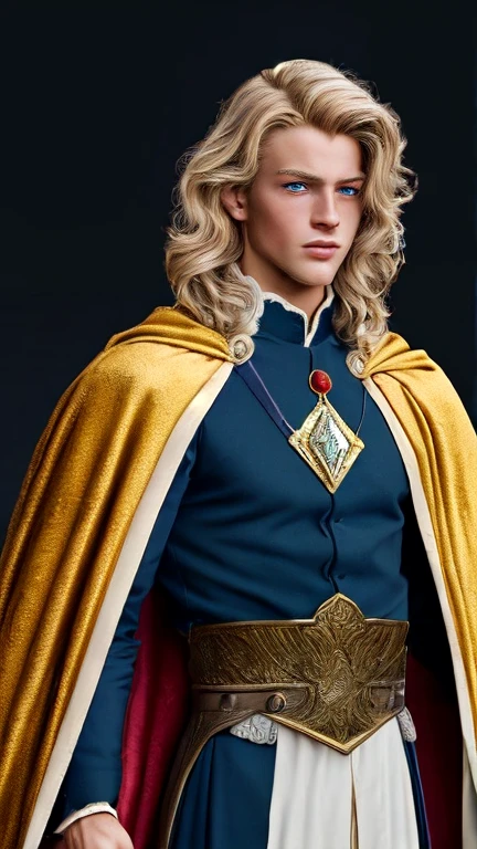 A portrait of a young prince with blonde hair and blue eyes, The prince has a noble and heroic expresión, He wears rich and elaborate medieval prince's clothing, including a crown, cape, and armor, The image is illuminated with soft natural light, creating a warm and welcoming atmosphere, The image quality is realistic and detailed, as if it were a high-resolution photograph, The prince's hair should be light blonde and wavy, combed back from his fase, His blue eyes should be bright and expressive, The prince's clothing should be in bright colors and luxurious fabrics, such as velvet and silk, The prince's crown should be gold adorned with jewels, The prince's cape should be long and flowing, with a fur trim, The prince's armor should be shiny and polished, The background of the portrait should be a medieval landscape, such as a castle or a battlefield