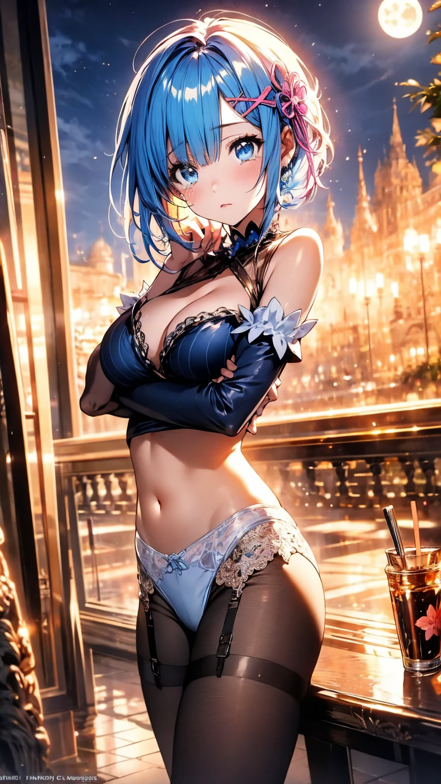 (Highest quality),(masterpiece), 8k,Very detailed, Detailed light, Best Shadow,Detailed reflective eyes, Beautiful Eyes, Very detailedな顔,Shiny Hair,sexy,Big Breasts,Charm,One person,Gloss,Rem,Re:Zero,Blue Hair,blue eyes,full moon,Fantasy,Charm, Blushing,Expressionless,tearsを流す,tears,looking at the camera,front,garter belt,tights,Maid服,Maid,