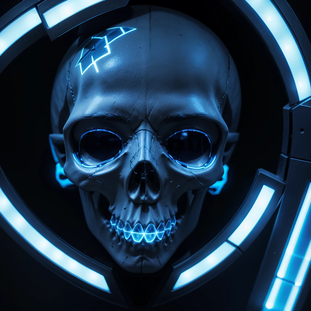 Blue led glowing skull, with an X over it in anime form,8k,