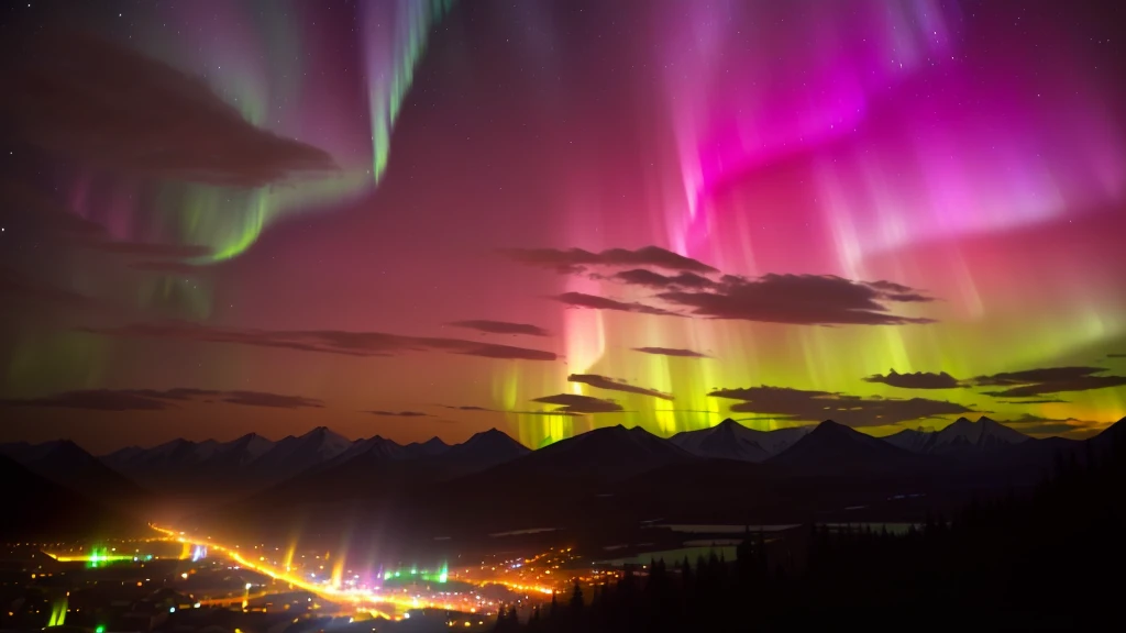 a brightly colored aurora lights the sky over a city, northern lights, with aurora borealis in the sky, rainbow aurora, aurora borealis, aurora in the sky, colorful night sky, aurora borealis in the sky, infused with aurora borealis, nacreous lights, distant mountains lights photo, vibrant luminescence, northern lights in space, strong aurora overhead