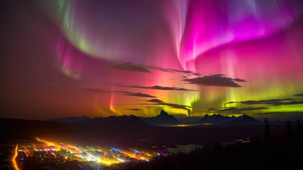 a brightly colored aurora lights the sky over a city, northern lights, with aurora borealis in the sky, rainbow aurora, aurora borealis, aurora in the sky, colorful night sky, aurora borealis in the sky, infused with aurora borealis, nacreous lights, distant mountains lights photo, vibrant luminescence, northern lights in space, strong aurora overhead