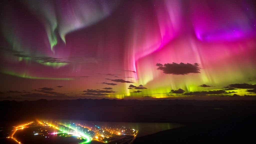 a brightly colored aurora lights the sky over a city, northern lights, with aurora borealis in the sky, rainbow aurora, aurora borealis, aurora in the sky, colorful night sky, aurora borealis in the sky, infused with aurora borealis, nacreous lights, distant mountains lights photo, vibrant luminescence, northern lights in space, strong aurora overhead