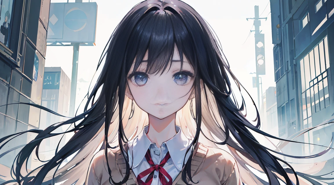 (Long Hair, bangs:1.2),(Wear a cardigan over a collared shirt:1.2),1 girl,Japanese,21 years old,(Small breasts:1.3),(Highest quality,masterpiece:1.3,超A high resolution,),(Ultra-detailed,Caustics),(Photorealistic:1.4,RAW shooting,)Ultra-Realistic Capture,Very detailed,High resolution 16K human skin close-up。 Natural skin texture、,Pores、、It needs to be detailed enough to be easily identifiable。 Skin should be even-toned and healthy looking。 Use natural light and colour, Sad expression, Looking at the camera, Perfect dynamic composition, Outdoor