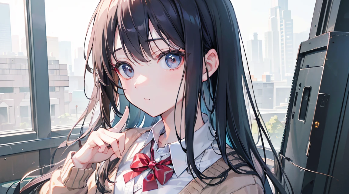 (Long Hair, bangs:1.2),(Wear a cardigan over a collared shirt:1.2),1 girl,Japanese,21 years old,(Small breasts:1.3),(Highest quality,masterpiece:1.3,超A high resolution,),(Ultra-detailed,Caustics),(Photorealistic:1.4,RAW shooting,)Ultra-Realistic Capture,Very detailed,High resolution 16K human skin close-up。 Natural skin texture、,Pores、、It needs to be detailed enough to be easily identifiable。 Skin should be even-toned and healthy looking。 Use natural light and colour, Sad expression, Looking at the camera, Perfect dynamic composition, Outdoor