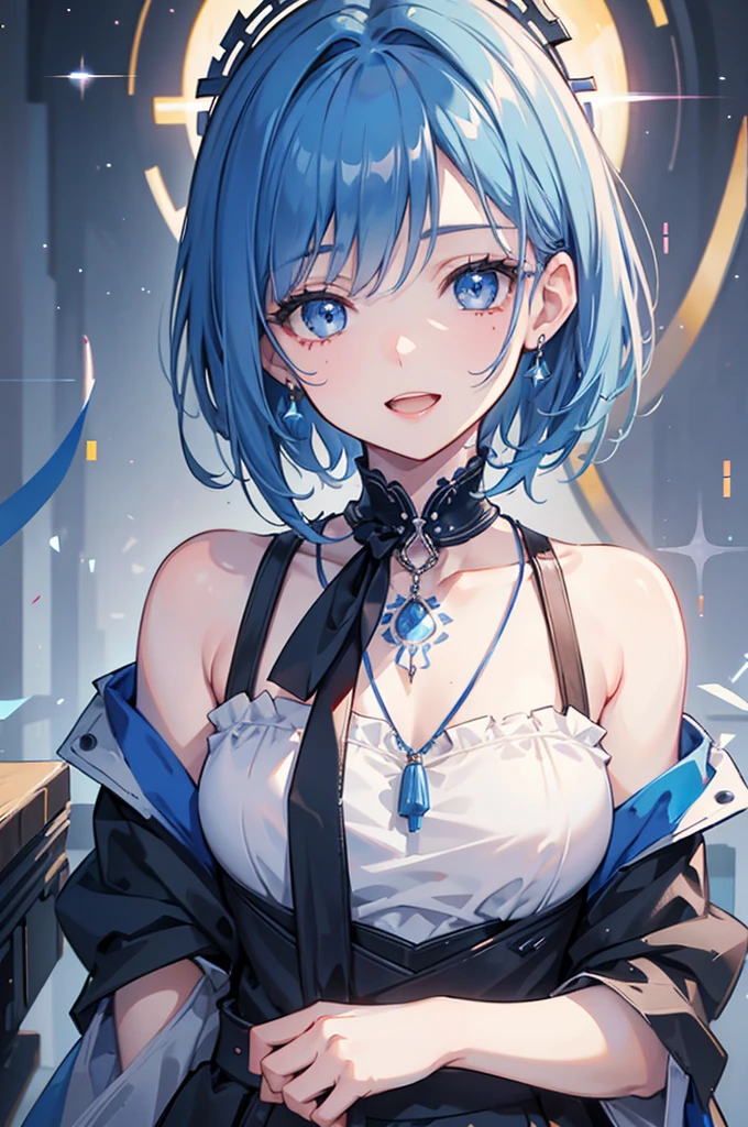 masterpiece, best quality, high quality, Very detailed CG uniform 8k wallpaper, 1 Girl, Solitary, Blue Hair, Tattoo, short hair, have, Jewelry, Smile, necklace, Looking at the audience, have, Practical, open mouth, teeth, Upper Body, Vest, nose, Bare shoulders, Artist Name, Black headdress, clavicle, arm Tattoo, blue eyes, Lips, Vague, painting, Award-winning photography, Bokeh, Depth of Field, HDR, bloom, Chromatic Aberration, realism, Very detailed, artstation Intricacy, High Detail, dramatic, midjourney&#39;s Artwork