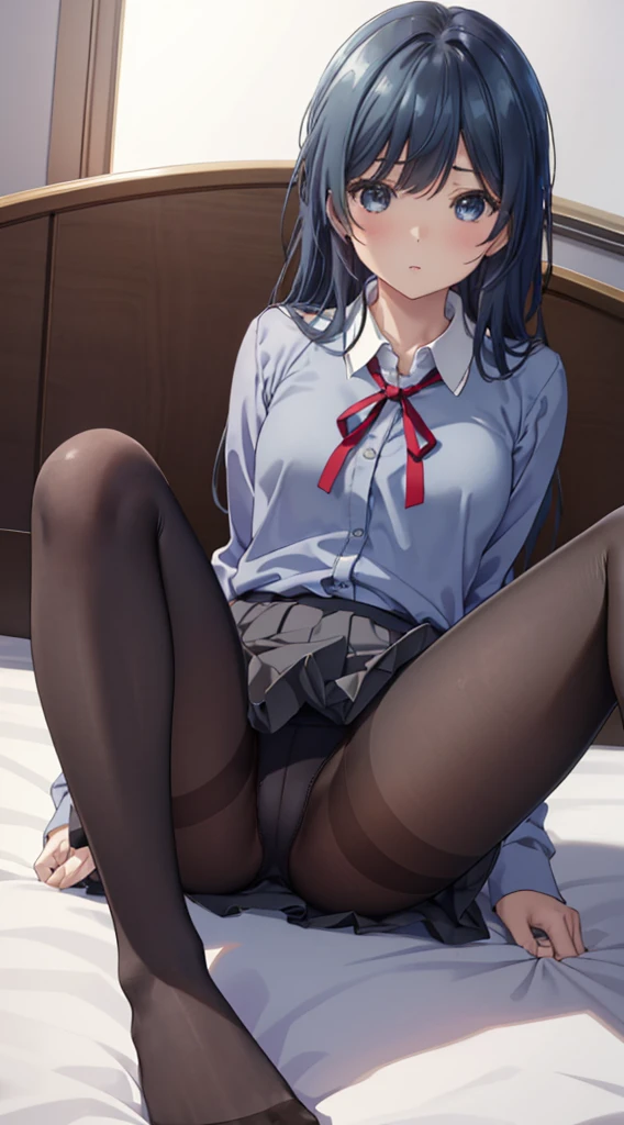 (The whole body from head to toe)、(Full Body)、(No shoes)、(blackpantyhoseの内側に白いパンティ)、(blackストッキングの内側に白いパンティ)、(Panty shot)、(Sitting with legs together)、(Sit with your knees bent and your legs apart)、(M-shaped legs)、bangs、Highest quality、High resolution、8k wallpaper、(figure:0.8)、(Beautiful attention to detail:1.6)、(Highly detailed face)、Perfect lighting、Highly detailed CG、Perfect hands、Perfect Anatomy、Thin legs、(Small Tits)、Sitting on the floor、Sleep on your back、Spread your legs、Look forward、Configuration from below、Positive、Turn your lower body forward、In 8K、Highest quality、The real picture、Intricate details、Ultra-detailed、超High resolution、Depth Field、(Photorealistic、Realistic:1.2),masterpiece, 0.25 :: Front shot、From the center、One Girl、Very beautiful girl、See the face and feel、Big eyes、Sexy pose、Fascinating、Perfect Skin、(Small breasts)、Narrow waist、Light blush、solo、Looking at the audience、Five perfect fingers、Small toes、sweating、 wear((School_uniform)、White shirt、Collared shirt、Pleated dress、Grey Dress、(black_pantyhose:1.2)、 blackストッキング、blackpantyhose、(Sculpture Pose:1.1)、 Showing her white panties、Panty shot、Spread your legs、Open legs、Wide-open legs、bedroom 、On the bed