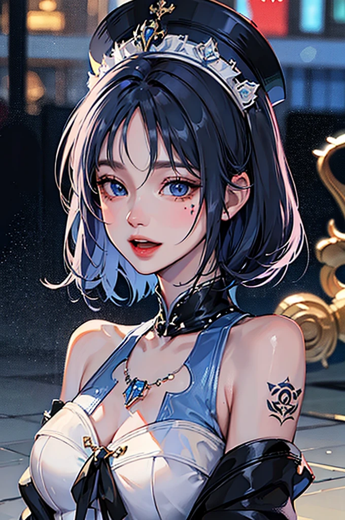 masterpiece, best quality, high quality, Very detailed CG uniform 8k wallpaper, 1 Girl, Solitary, Blue Hair, Tattoo, short hair, have, Jewelry, Smile, necklace, Looking at the audience, have, Practical, open mouth, teeth, Upper Body, Vest, nose, Bare shoulders, Artist Name, Black headdress, clavicle, arm Tattoo, blue eyes, Lips, Vague, painting, Award-winning photography, Bokeh, Depth of Field, HDR, bloom, Chromatic Aberration, realism, Very detailed, artstation Intricacy, High Detail, dramatic, midjourney&#39;s Artwork