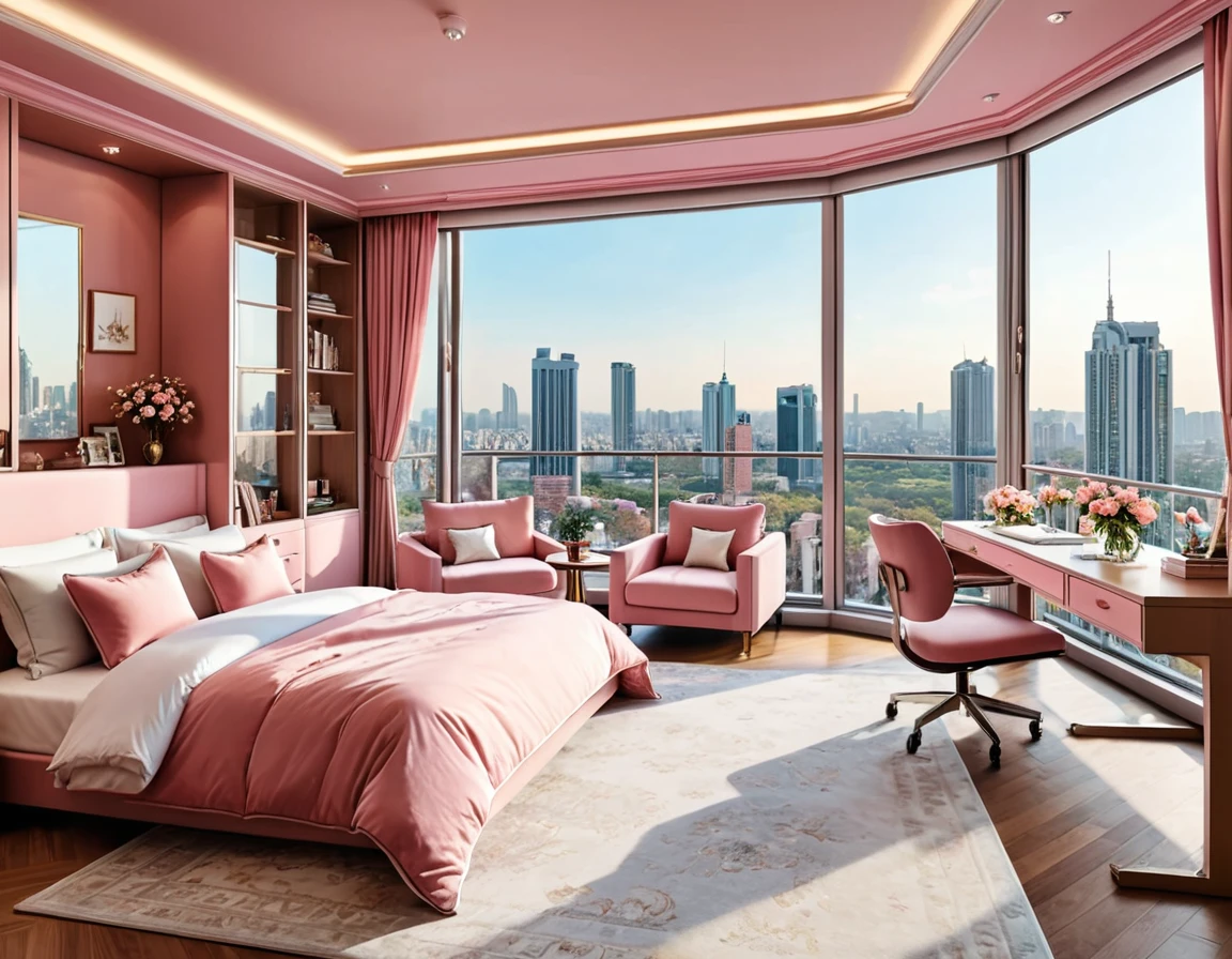 8K picture quality,Best quality,masterpiece,HD,Super rich detail,detailed,Cozy pink bedroom,Large Windows,Floor-to-ceiling windows,Extra large glass windows Glass room Glass roof ceiling,big bed,There are pillows on the bed,Quilt,Essas roupas,notebook,There is a cabinet next to it,There are bookcases,There is a table,There are chairs,There are curtains,Air conditioning,There are flowers,There is a wardrobe,There are carpets,There are many books,Overall very comfortable,extremely clean,very useful,Large Windows,The scenery outside the window is a panoramic view of the city, high-rise buildings, streets, urban scenery, urban landscape