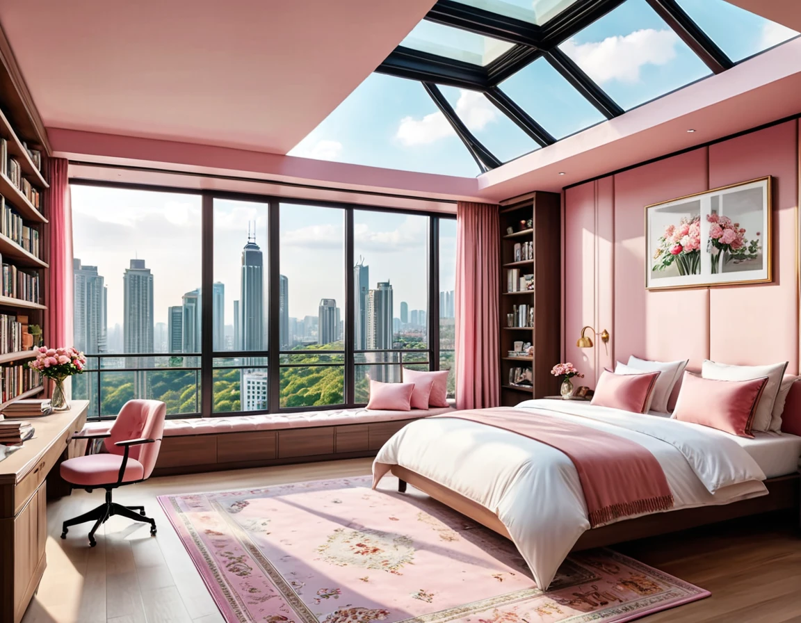 8K picture quality，Best quality，masterpiece，HD，Super rich detail，detailed，Cozy pink bedroom，Large Windows，Floor-to-ceiling windows，Extra large glass windows Glass room Glass roof ceiling，big bed，There are pillows on the bed，Quilt，Essas roupas，notebook，There is a cabinet next to it，There are bookcases，There is a table，There are chairs，There are curtains，Air conditioning，There are flowers，There is a wardrobe，There are carpets，There are many books，Overall very comfortable，extremely clean，very useful，Large Windows，The scenery outside the window is a panoramic view of the city, high-rise buildings, streets, urban scenery, urban landscape