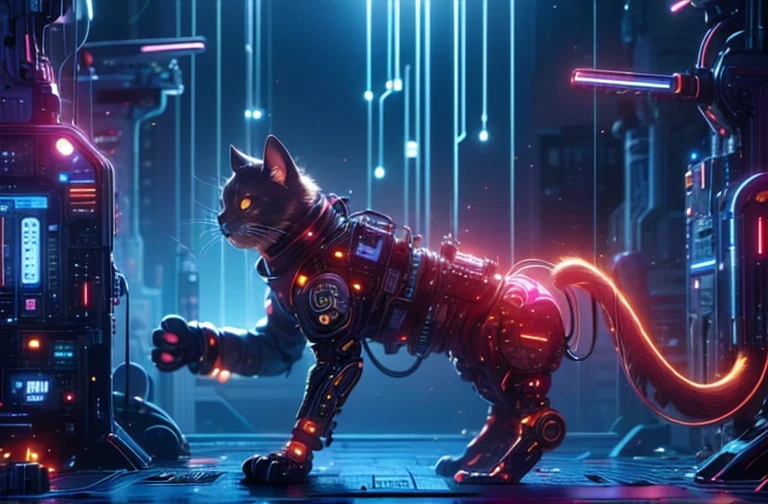 top quality, future world, ((cyborg cat is running)), side view 