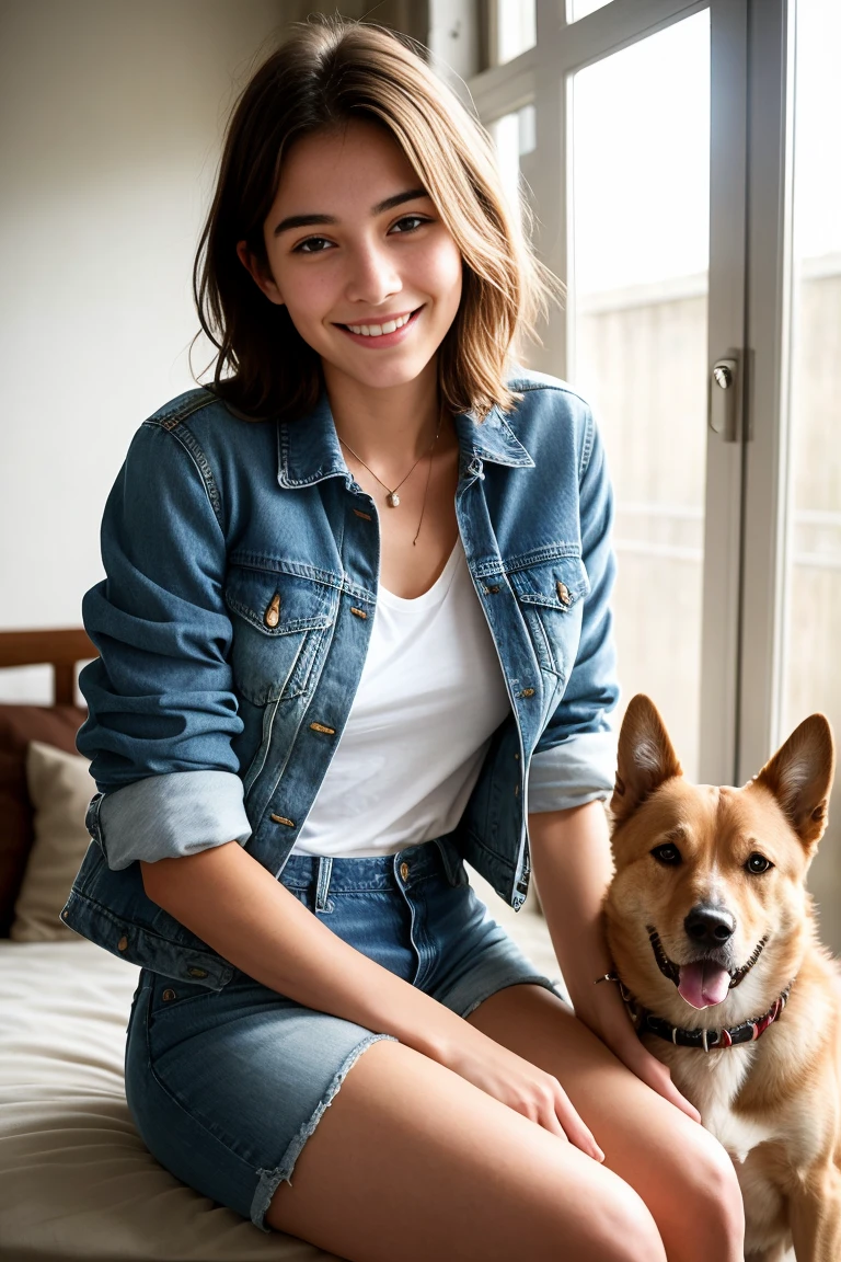 A beautiful french young woman, 18 years old, with a slender figure, wearing a short-sleeved denim jacket and denim shorts, smiling shyly while gently petting her dog that is sitting beside her, realistic, photorealistic, cinematic lighting, warm color tones, highly detailed, masterpiece, 8k