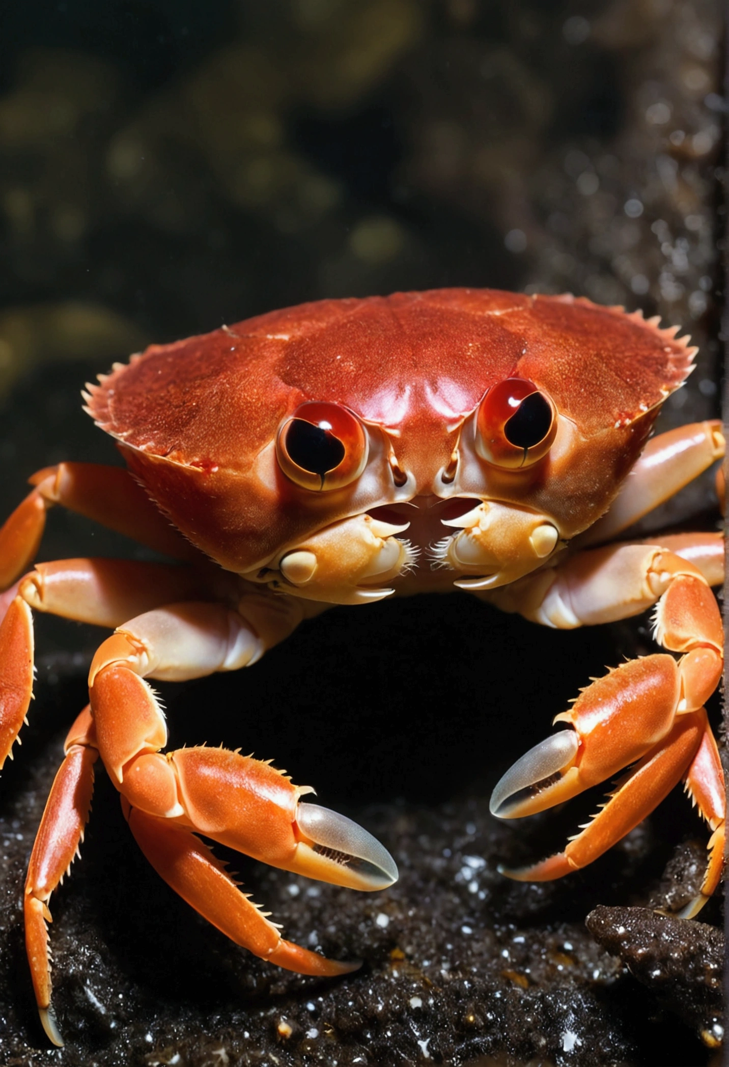 A -headed crab with straight red hair up with big, scary light brown eyes 