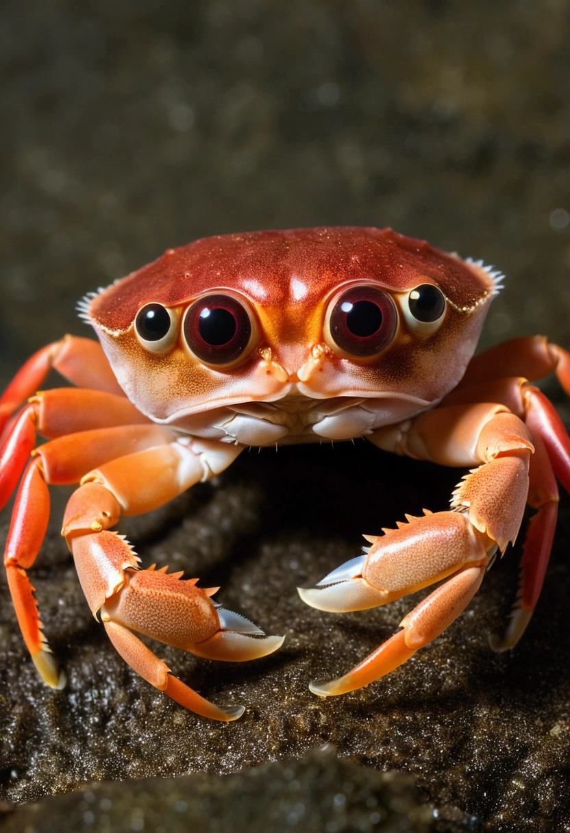 A baby-headed crab with straight red hair up with big, scary light brown eyes