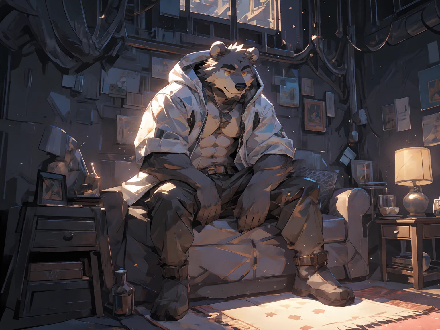 (masterpiece:1.2), best quality,pixiv,official art,perfect anatomy, (Ray tracing, light),solo, (1_male:1.3) , (muscle), (grey fur:1.4), (muscle bear), (beard:1.2), (gleaming golden eyes), bear tail, Thick black eyebrows, (open hooded parka) , (naked inside:1.2), cargo shorts, white socks , (morden apartment: 1.3), french window, indoor , fur carpet , cushion , rest on sofa
