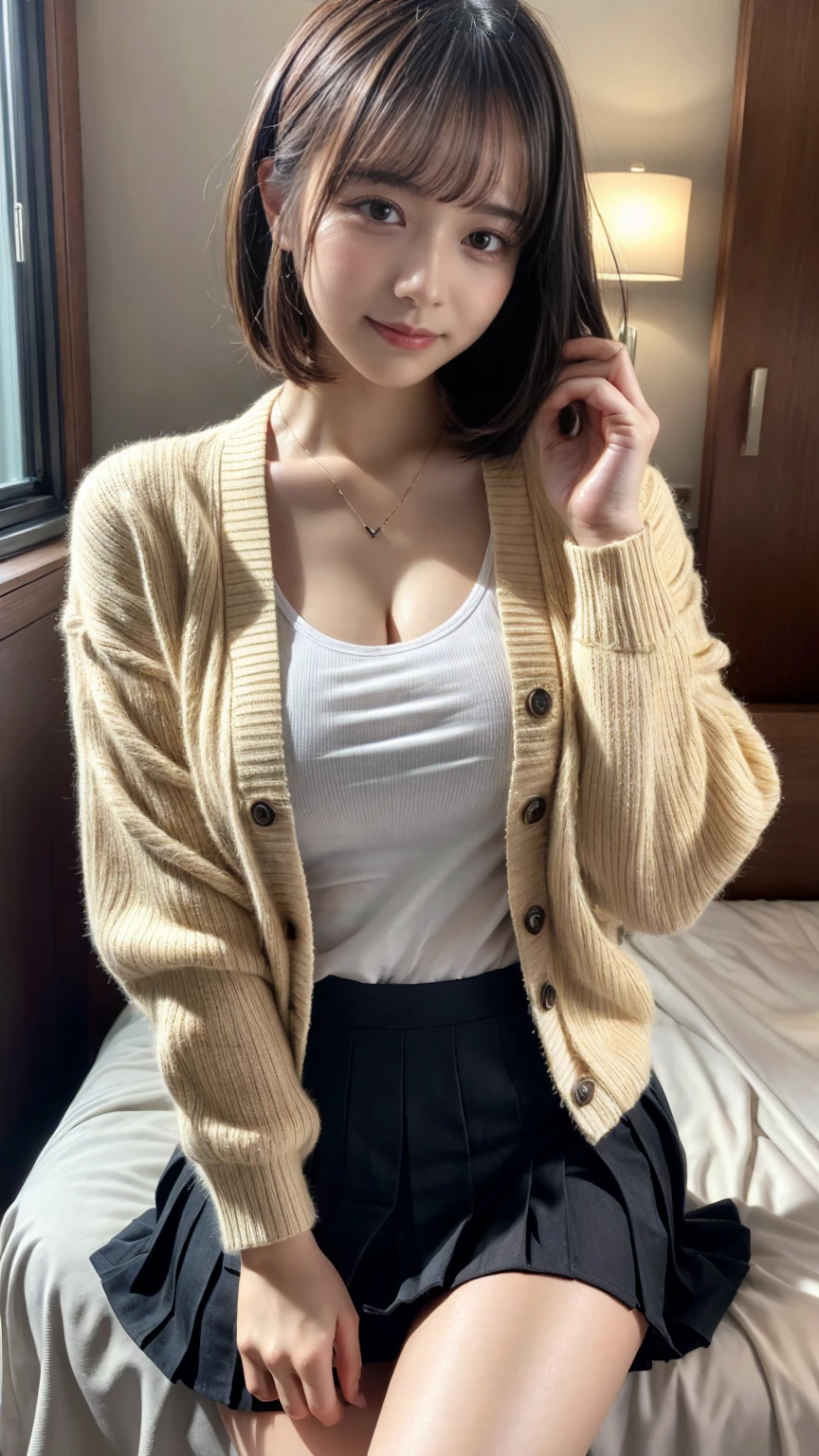 table top, highest quality, shape, Super detailed, finely, High resolution, 8k wallpaper, 完璧なダイナミックな構shape, finelyて美しい目,  natural lip, white sweater(mini skirt)wear, chest, whole body, random sexy pose,bun hair,RAW photo,room,smile、最高のsmile,