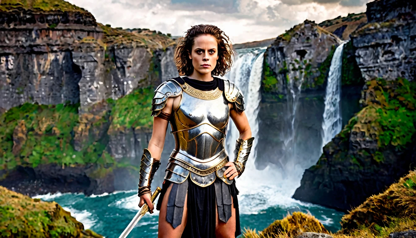 Greek warrior with the face of a young Sigourney Weaver, dressed in silver Roman armor, sword in hand, black cliffs and waterfalls in the background, vibrant colors, epic image