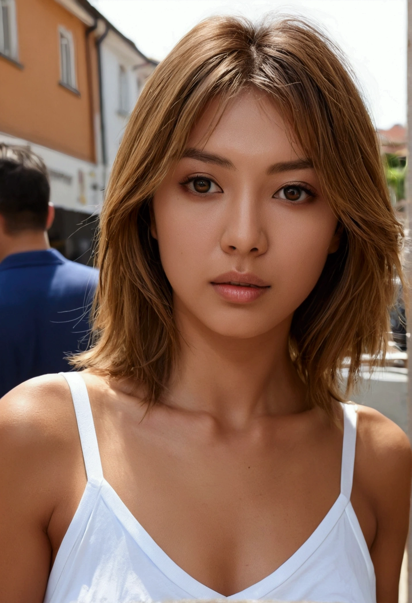 ((best qualityer, 8 mil, work of art: 1.3)), sharp focus: 1.2, beautfull woman (europeu) with a perfect body: 1.4, goddess: 1.2, ((layered hair cut, very tiny breasts: 1.2)), (Well good) (small and beautiful hard nipple) (fine tune, button wet to the length of the shirt: 1.1), Highly detailed texture of face and skin, detailedeyes, Double eyelid, skin tanned, sexuell, sunburnt, perfect skin, open shoulders, cut out, in street, perfect