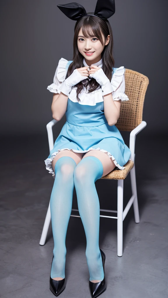 Bunny girl in a light blue maid outfit:1.5,Wearing light blue tights:1.5,The best smile:1.5,Full Body Shot:1.5,Gray background:1.5,Wearing black high heels:1.5,Poop sitting:1.5
