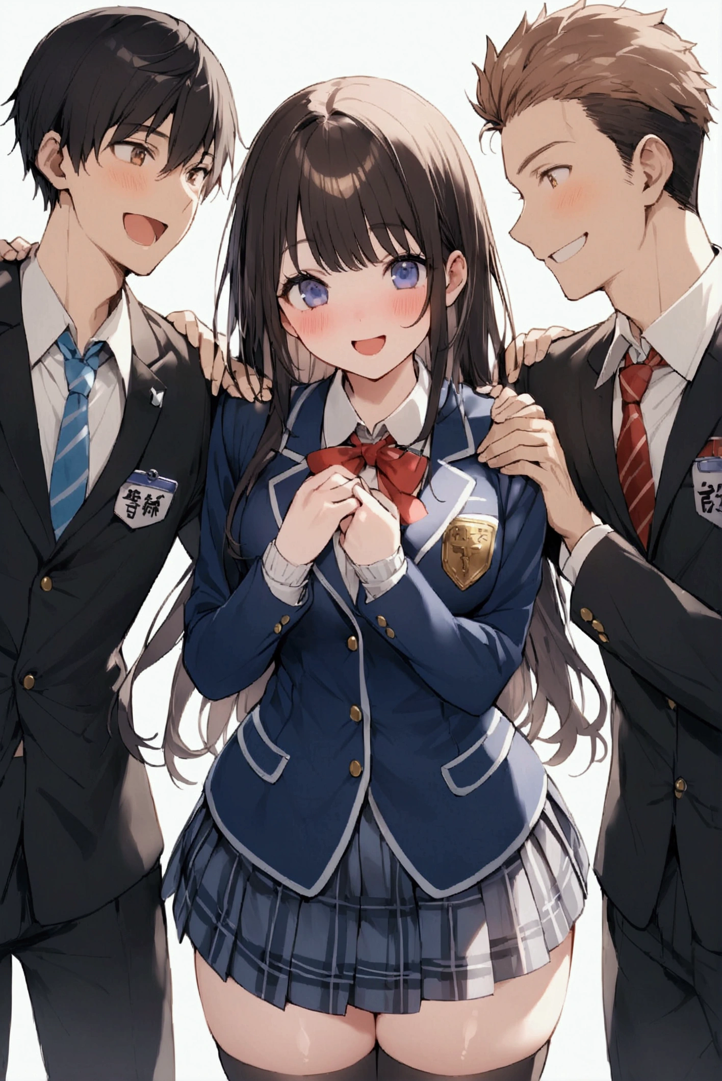 One Woman、One Man、beautiful girl、Brown-haired boy、Beautiful Youth、after school、evening、high school girl、School Nameplate、Blazer uniform、Pleated skirt、Black knee-high socks、Long Hair、In front of the school gate、Highest quality, Thick thighs、Big 、White panties、Black Hair、The girl has an excited face、A crowd going home from school、Holding his chest with both hands、A man puts his hand on a woman's shoulder、Boys are smiling、Male and female couple