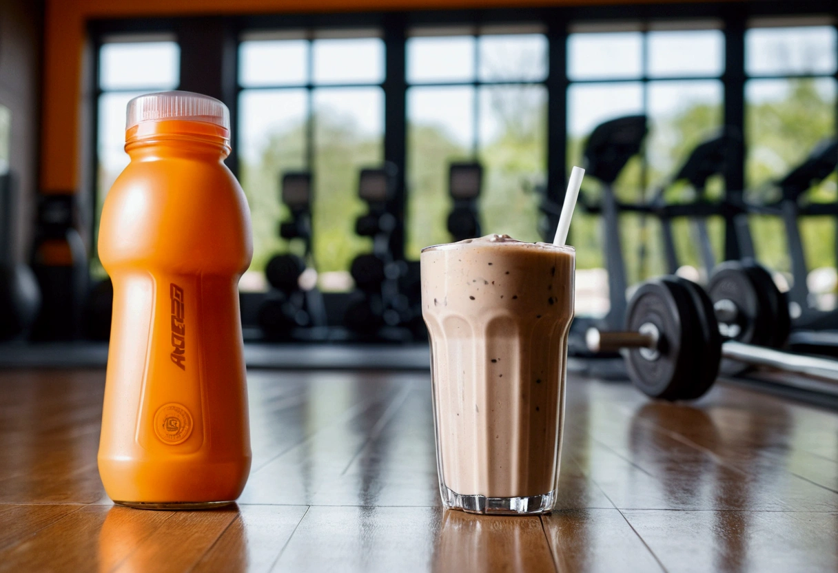 a picture of a protein drink on floor, gym in the background like in a commercial, gym out of focus
