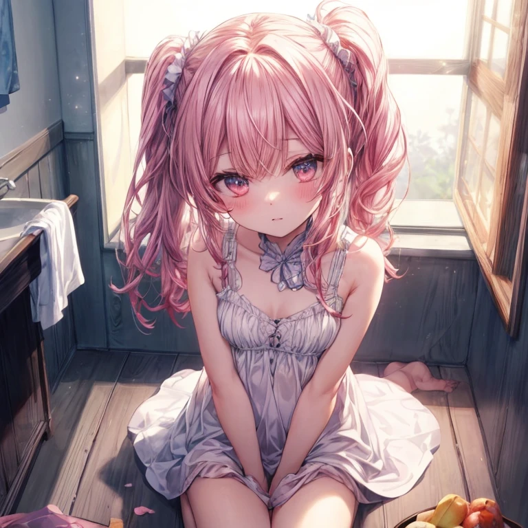 In underwear、bathroom、One girl、Pink Hair、Side Ponytail、sitting flat on the floor、｟Covering his crotch with both hands、soft bust、big、Seiza position、Legs open、Blushing、She is looking up at me with an innocent expression.｠Accurately capturing the structure of the human body、Delicate depiction、anime