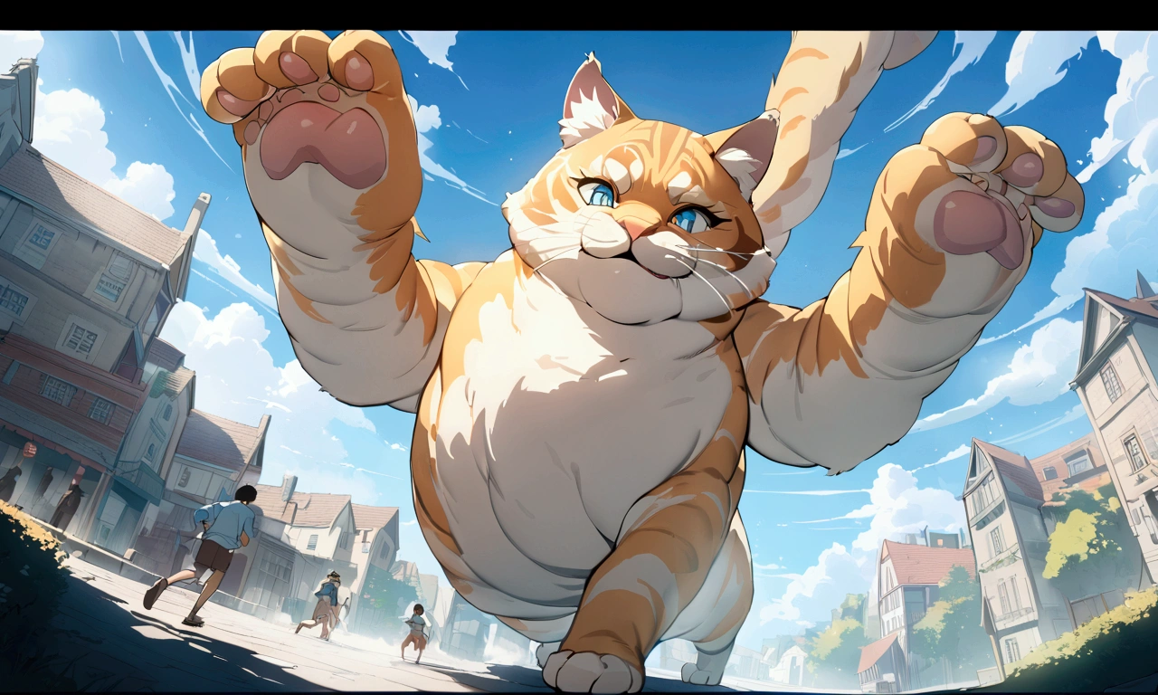 (best quality,4k,8k,highres,masterpiece:1.2),A crying boy running away towards us through the town almost being trampled by a ultra-gigantic cat's paw, cinematic angle, anime, ultra-detailed,vivid colors,dramatic lighting,