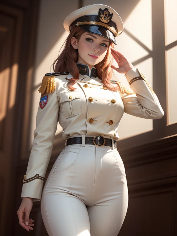 (1girl:1.4), (sfw), (clothed), (masterpiece), illustration,(realistic:1.5), (specular lighting:1.4), (hyperrealistic:1.2), (photorealistic face:1.2), (perfect face), (best quality), (8k), (4k), photorealistic, sharp focus, octane render, best quality, extremely detailed, intricate, hyper detailed, fantasy, soft lighting,(medium breasts:1.4), (skindentation:1.3), Matilda Ajan from Gundam, Matilda Agen, Matilda Ajan, looking straight at viewer, tan full uniform, tan color uniform, tight off-white pants, slim body, perfect body, standing straight up, military attention, military salute, one hand down, tan officer uniform, tan military jacket, tan buttoned up jacket, perfect hands, military officer hat, tan color hat, warm smile, kind smile, gundam in the background, auburn hair, one hand down, cropped hair, thigh gap