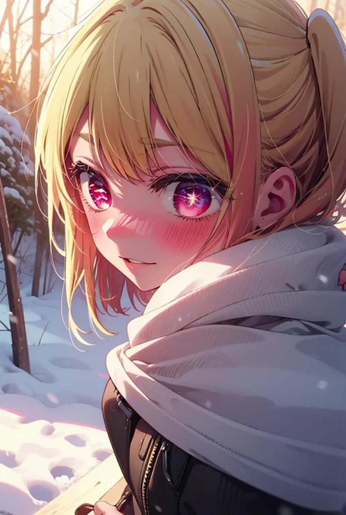 rubyhoshino, Hoshino Ruby, Long Hair, bangs, blonde, (Pink Eyes:1.3), Side Lock, (Symbol-shaped pupil:1.5), Multicolored Hair, Two-tone hair, smile,,smile,blush,white breath,
Open your mouth,snow,Ground bonfire, Outdoor, boots, snowing, From the side, wood, suitcase, Cape, Blurred, , forest, White handbag, nature,  Squat, Mouth closed, Cape, winter, Written boundary depth, Black shoes, red Cape break looking at viewer, Upper Body, whole body, break Outdoor, forest, nature, break (masterpiece:1.2), Highest quality, High resolution, unity 8k wallpaper, (shape:0.8), (Beautiful and beautiful eyes:1.6), Highly detailed face, Perfect lighting, Highly detailed CG, (Perfect hands, Perfect Anatomy),