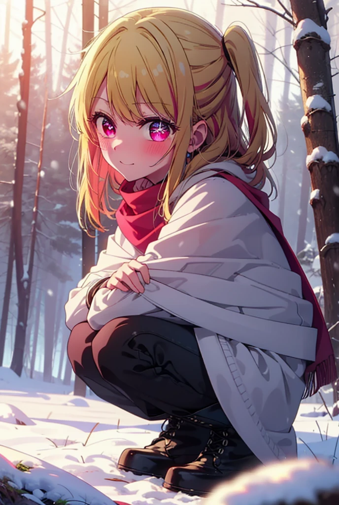 rubyhoshino, Hoshino Ruby, Long Hair, bangs, blonde, (Pink Eyes:1.3), Side Lock, (Symbol-shaped pupil:1.5), Multicolored Hair, Two-tone hair, smile,,smile,blush,white breath,
Open your mouth,snow,Ground bonfire, Outdoor, boots, snowing, From the side, wood, suitcase, Cape, Blurred, , forest, White handbag, nature,  Squat, Mouth closed, Cape, winter, Written boundary depth, Black shoes, red Cape break looking at viewer, Upper Body, whole body, break Outdoor, forest, nature, break (masterpiece:1.2), Highest quality, High resolution, unity 8k wallpaper, (shape:0.8), (Beautiful and beautiful eyes:1.6), Highly detailed face, Perfect lighting, Highly detailed CG, (Perfect hands, Perfect Anatomy),