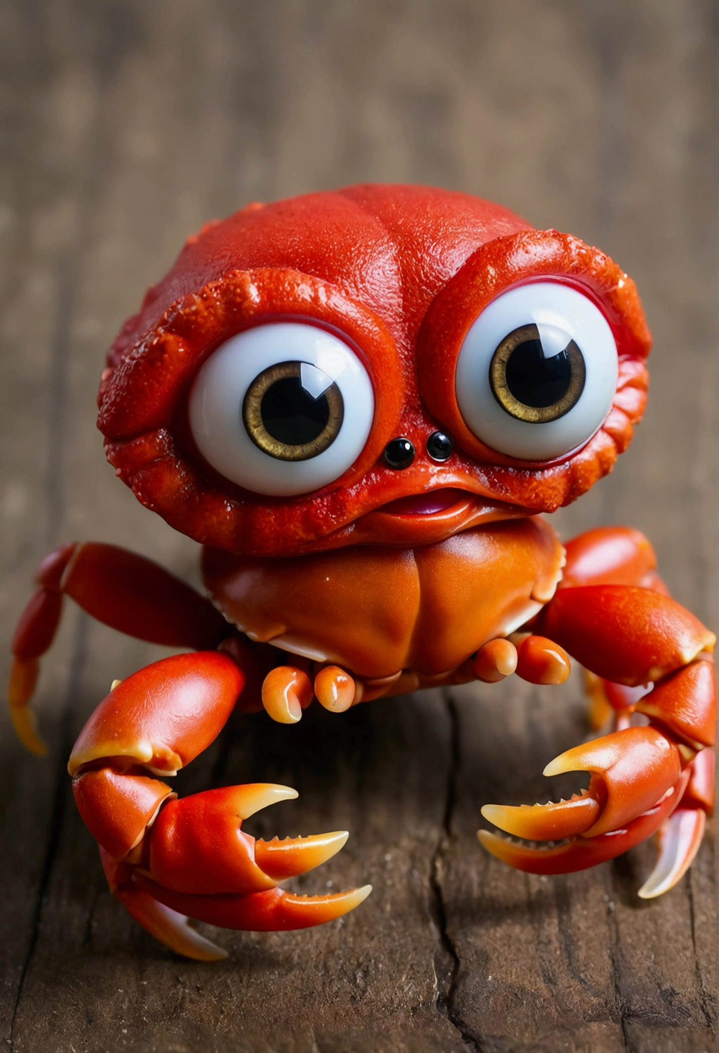 A toy baby-headed crab with big scary eyes and red hair